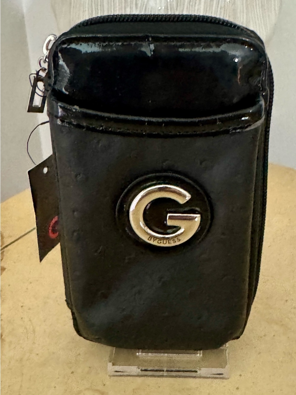 GUESS Black Patent Leather Phone Pouch with Silver G Emblem NWT
